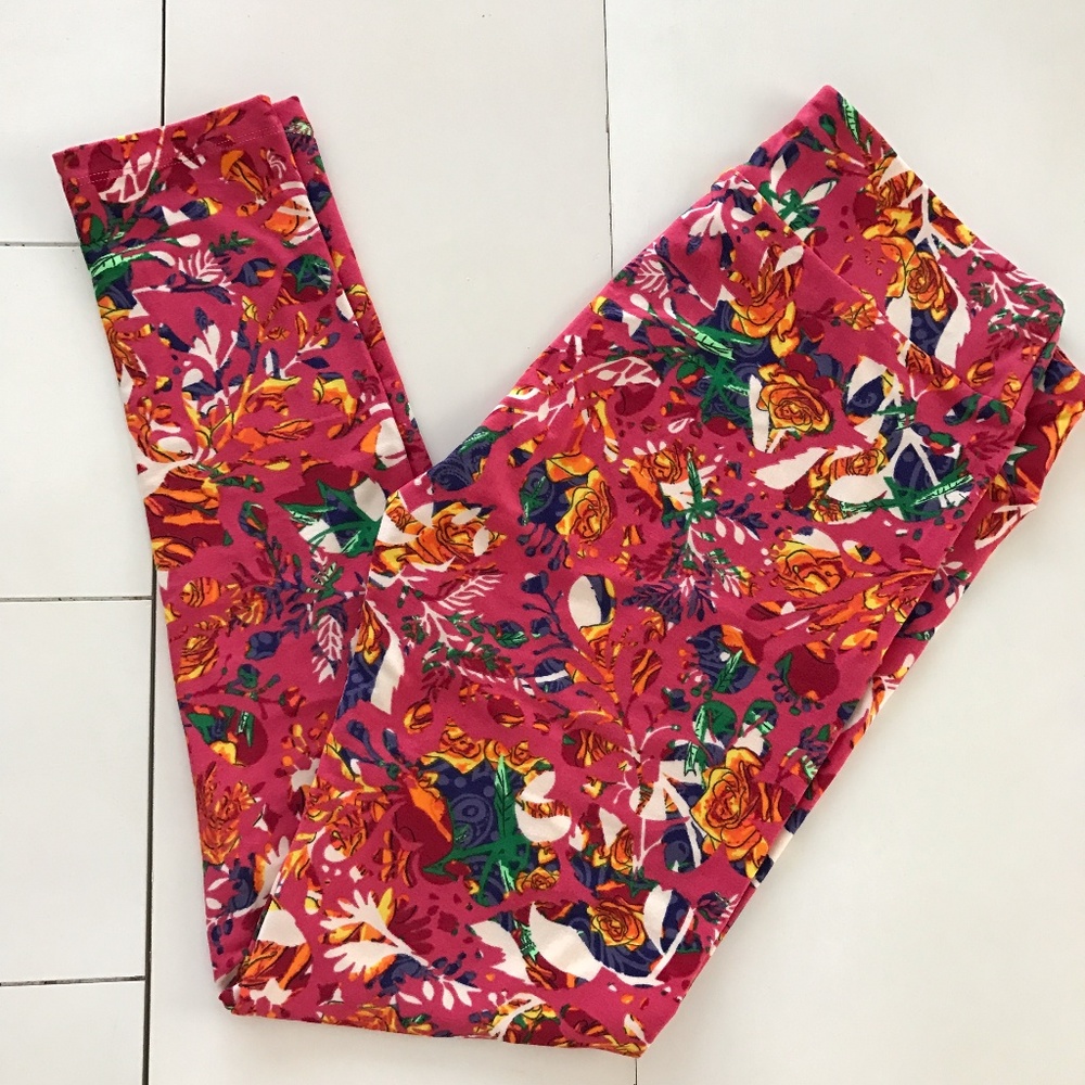 SOLD - NEW LuLaRoe TC Pink, Orange Floral Leggings - Picture 1 of 5